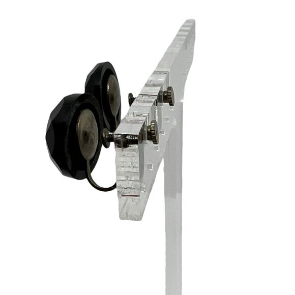 Vintage Black Faceted Glass Button Earrings Screw Back Silver Tone Mid Century - Picture 5 of 11